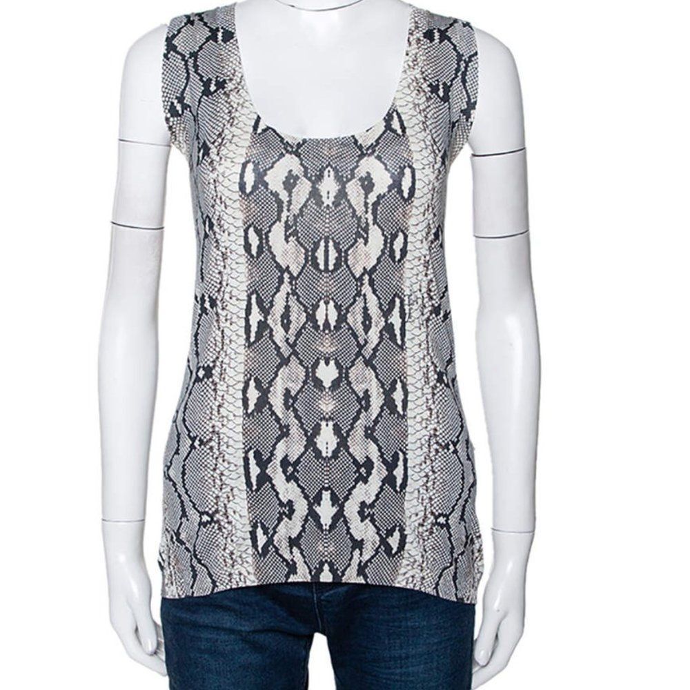 Vintage Deadstock Roberto Cavalli Grey Snakeskin Print Knit Silk Blouse Top S 4